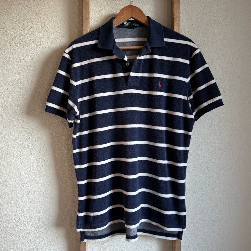 Ralph Lauren Polo Men’s Navy Striped French Terry Polo Shirt Sz: Med